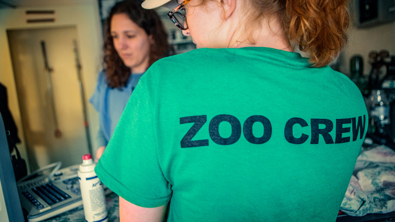 An employee of the Staten Island Zoo helps Sarrah Kaye with an animal in a shirt that says 'Zoo Crew'